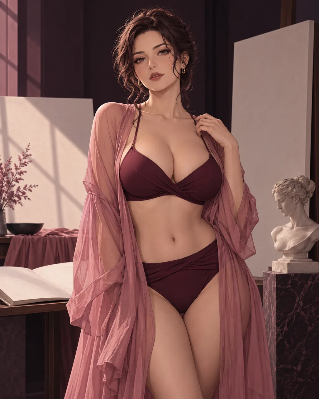 Mujer anime junto a una doble página, una página vertical y una forma esculpida
