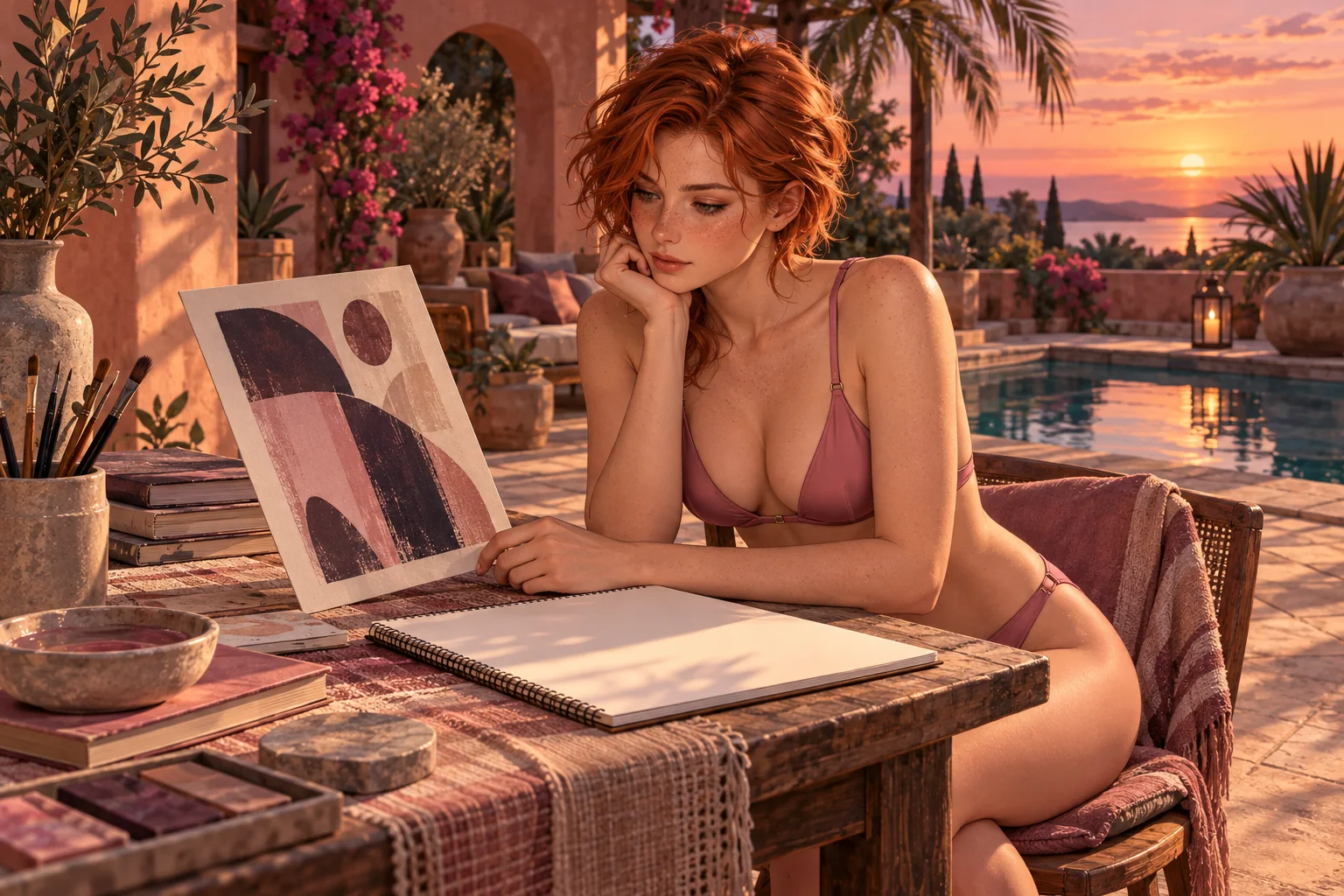 Hentai sin censura: ilustradora examina una obra sin marco y un cuaderno en blanco