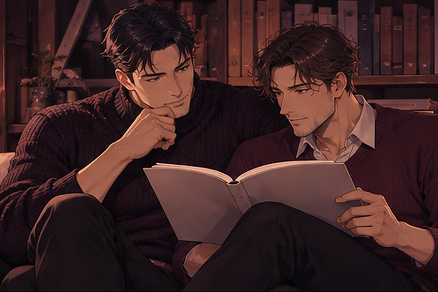 Hentai yaoi: dos hombres adultos miran juntos un libro en blanco en un estudio de manga