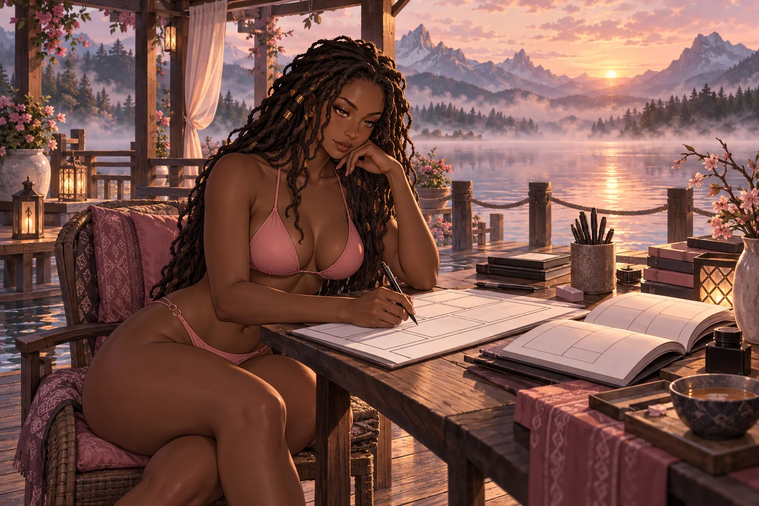 Manhwa hentai: dibujante trabaja en viñetas en blanco junto a un libro abierto